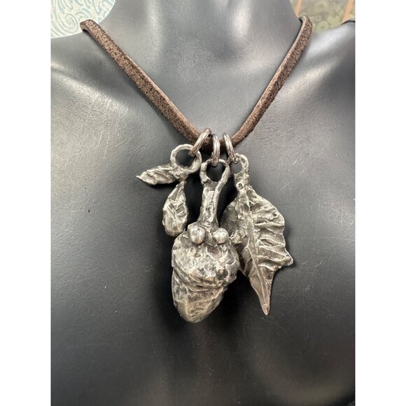 Artisan Original Handmade Silver Acorn & Leaves Pendant Necklace W/ Leather Cord - Picture 3 of 12